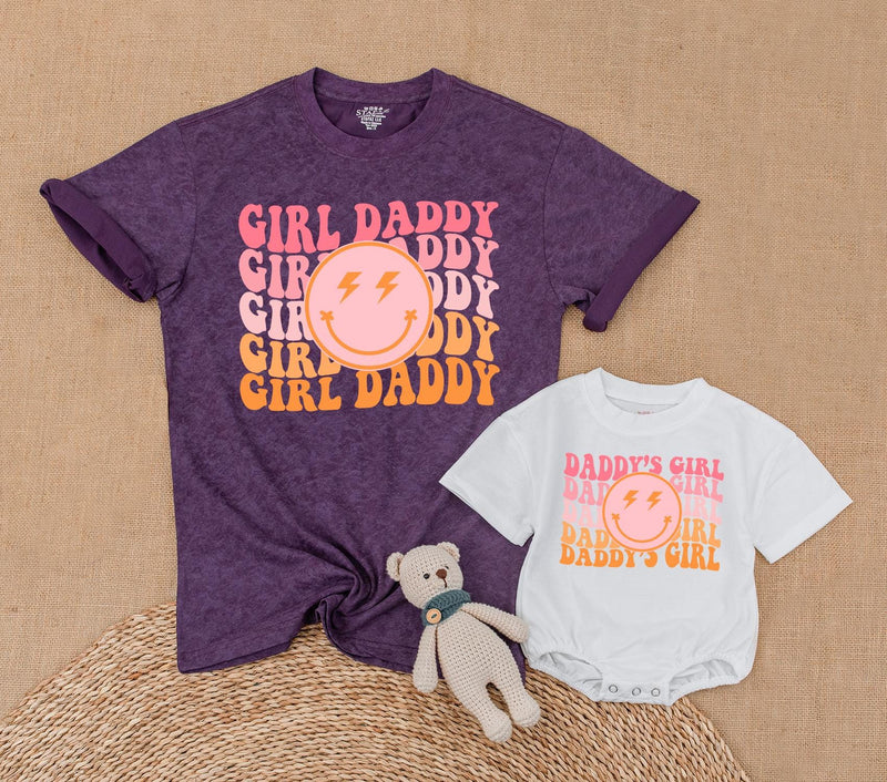 Personalized Daddy's Girl and Girl Daddy Retro T-Shirt Set with Smiley Face Lightning Eyes Dad Baby Matching Family Outfit Gift