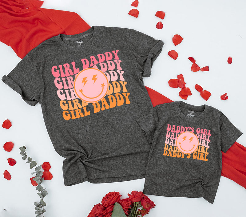 Personalized Daddy's Girl and Girl Daddy Retro T-Shirt Set with Smiley Face Lightning Eyes Dad Baby Matching Family Outfit Gift