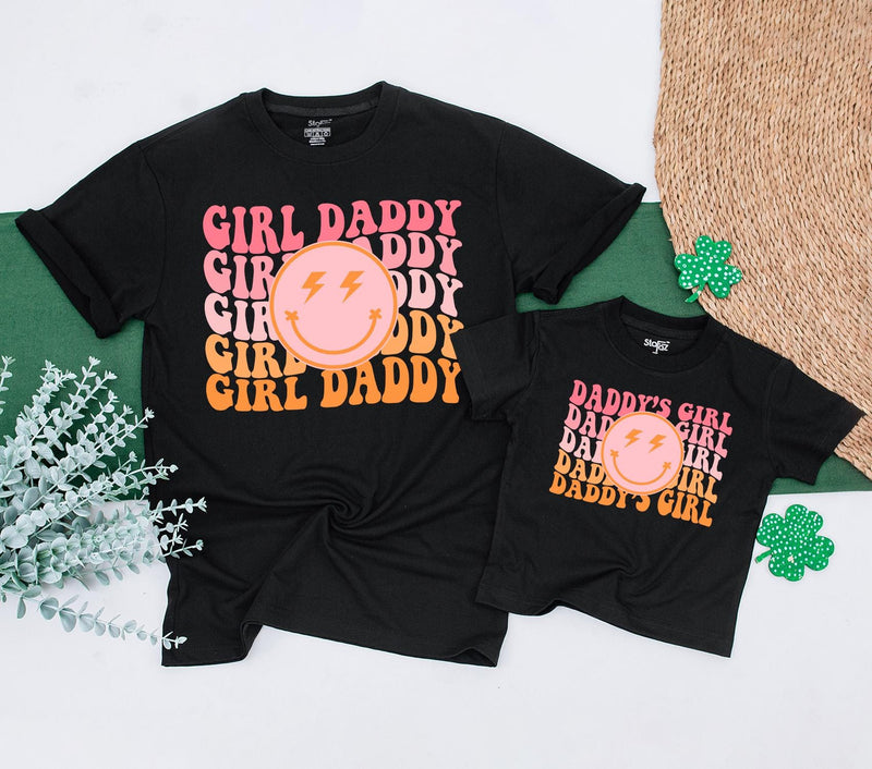 Personalized Daddy's Girl and Girl Daddy Retro T-Shirt Set with Smiley Face Lightning Eyes Dad Baby Matching Family Outfit Gift