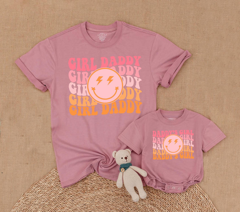 Personalized Daddy's Girl and Girl Daddy Retro T-Shirt Set with Smiley Face Lightning Eyes Dad Baby Matching Family Outfit Gift