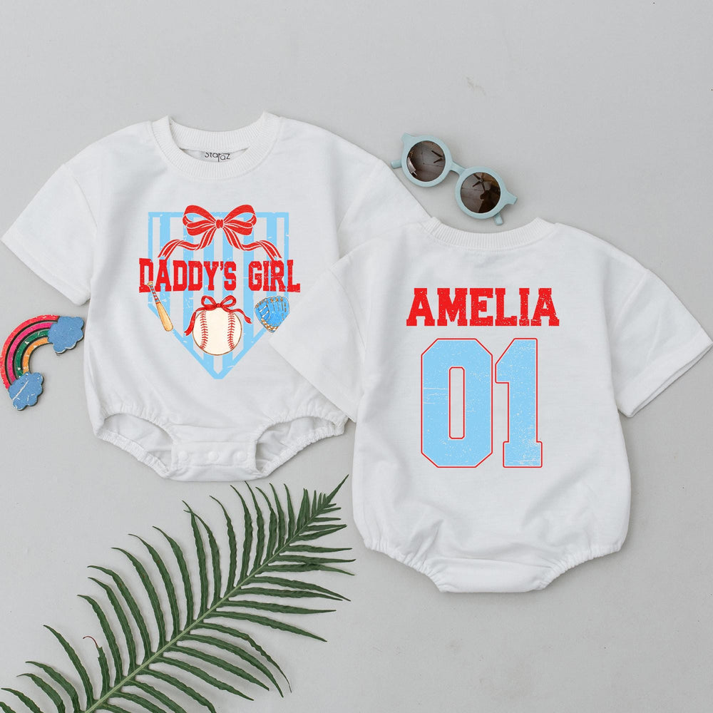 Personalized Daddy's Girl Romper Light Blue Baseball Stripes First Father’s Day Outfit Baby Girl Bodysuit Sporty Gift Toddler Clothes