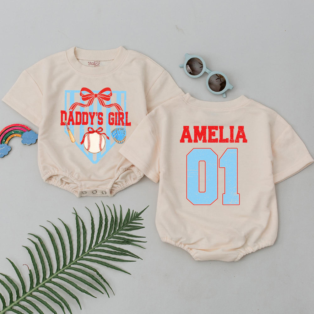 Personalized Daddy's Girl Romper Light Blue Baseball Stripes First Father’s Day Outfit Baby Girl Bodysuit Sporty Gift Toddler Clothes