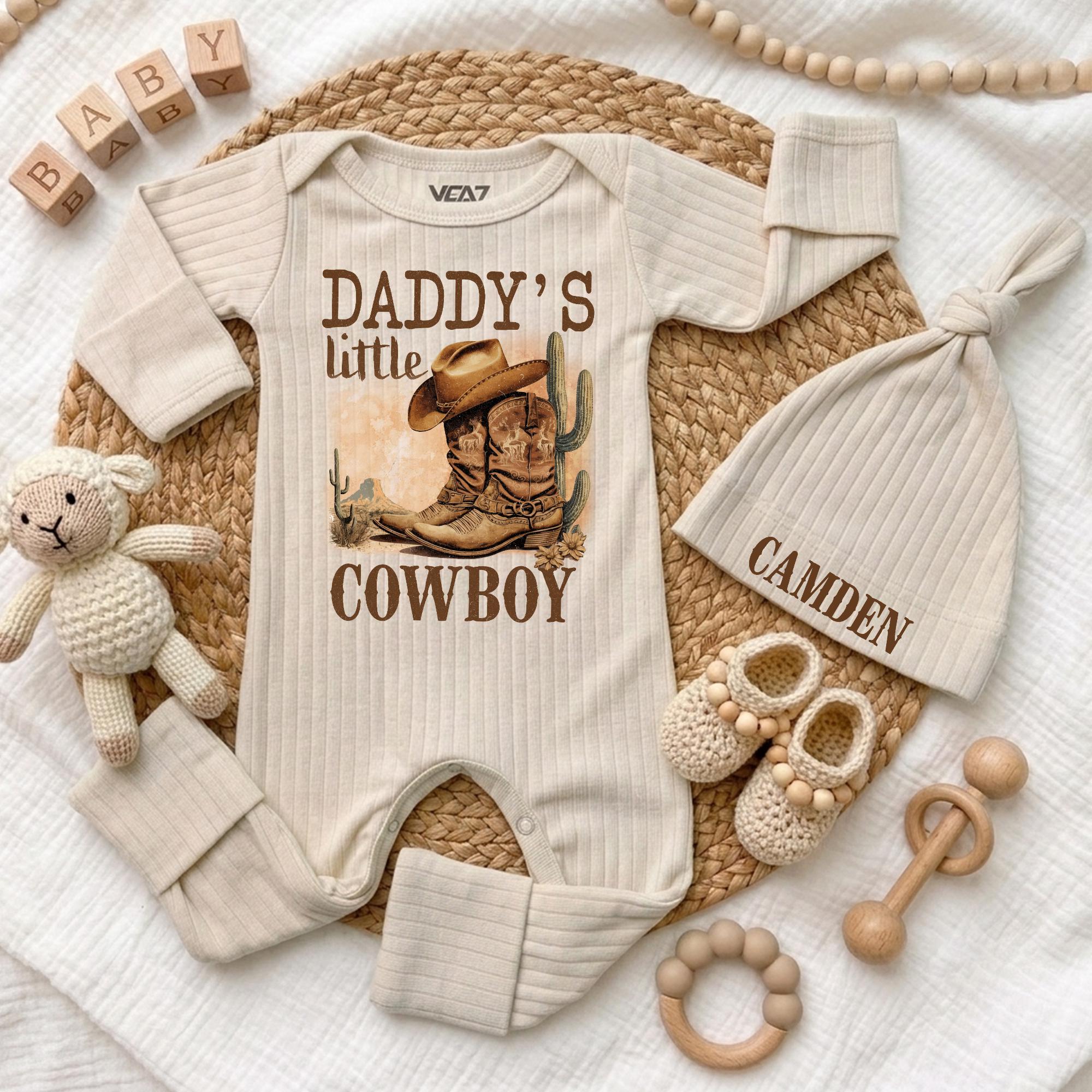 Personalized Daddy's Little Cowboy Baby Bodysuit with Hat, Western Boots Artwork, Custom Baby Outfit, Soft Cotton Newborn Gift for Boys