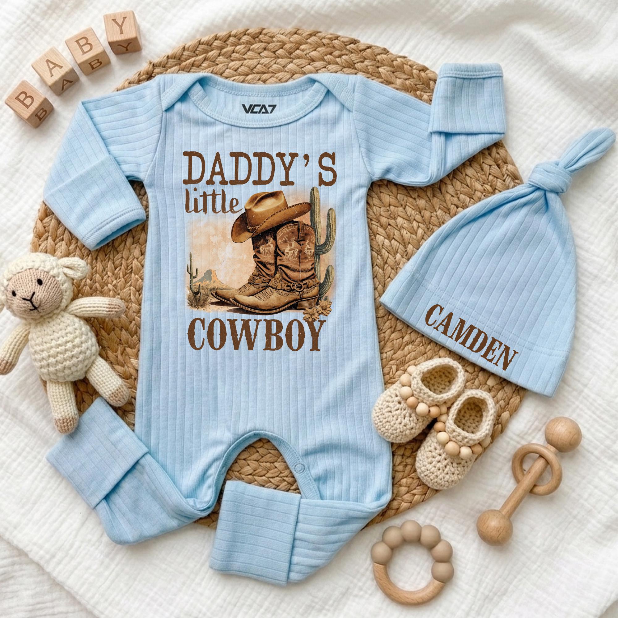 Personalized Daddy's Little Cowboy Baby Bodysuit with Hat, Western Boots Artwork, Custom Baby Outfit, Soft Cotton Newborn Gift for Boys