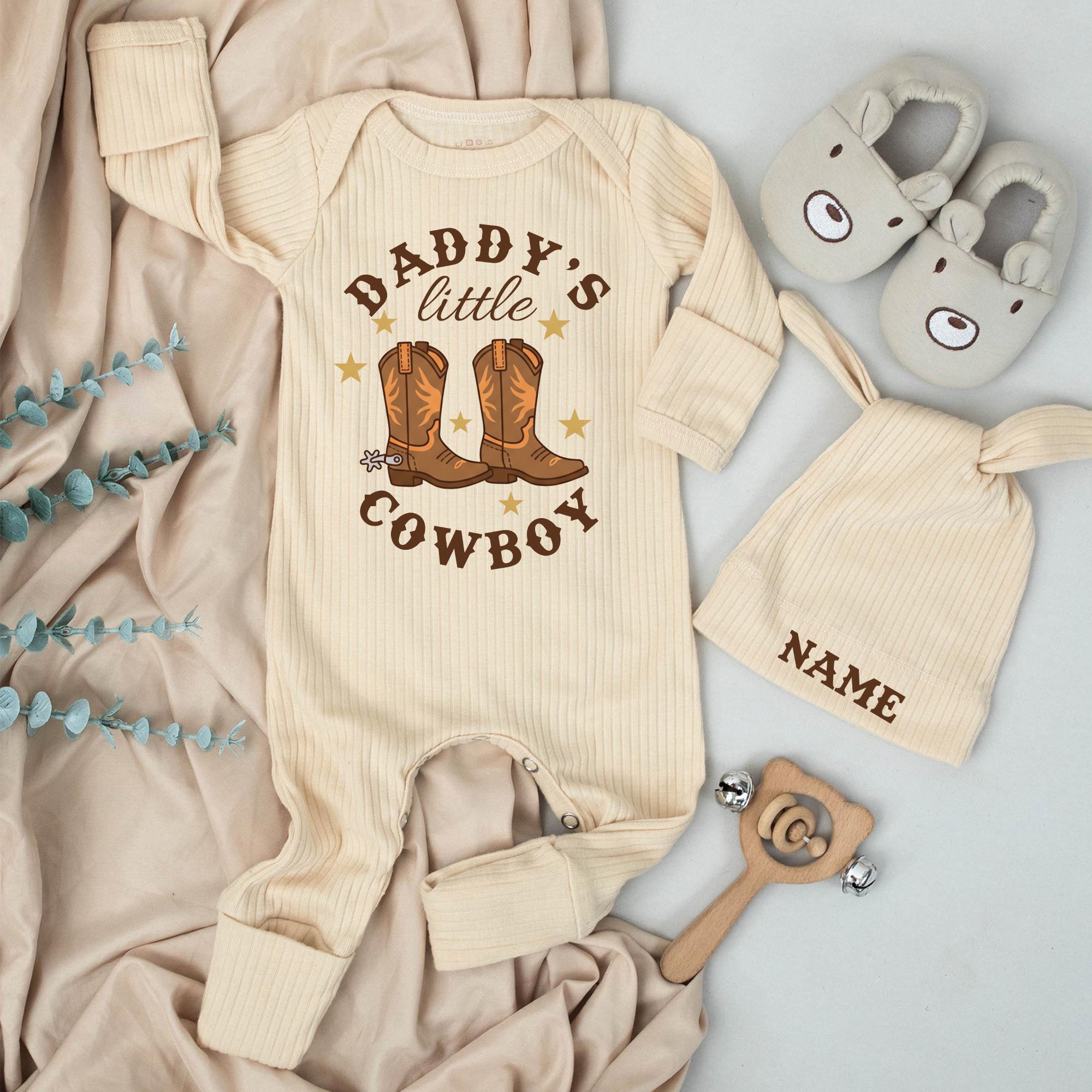 Personalized Daddy's Little Cowboy Baby Outfit, Soft Cotton Newborn Bodysuit with Hat, Western Baby Shower Gift, Country Coming Home Clothes