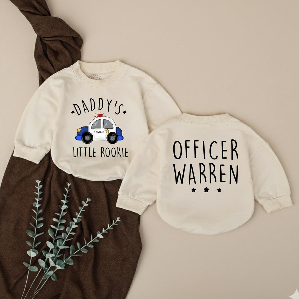 Personalized Daddy's Little Rookie Baby Romper with Police Car Design, Custom Officer Name, Police Dad Baby Shower Gift or Pregnancy Reveal