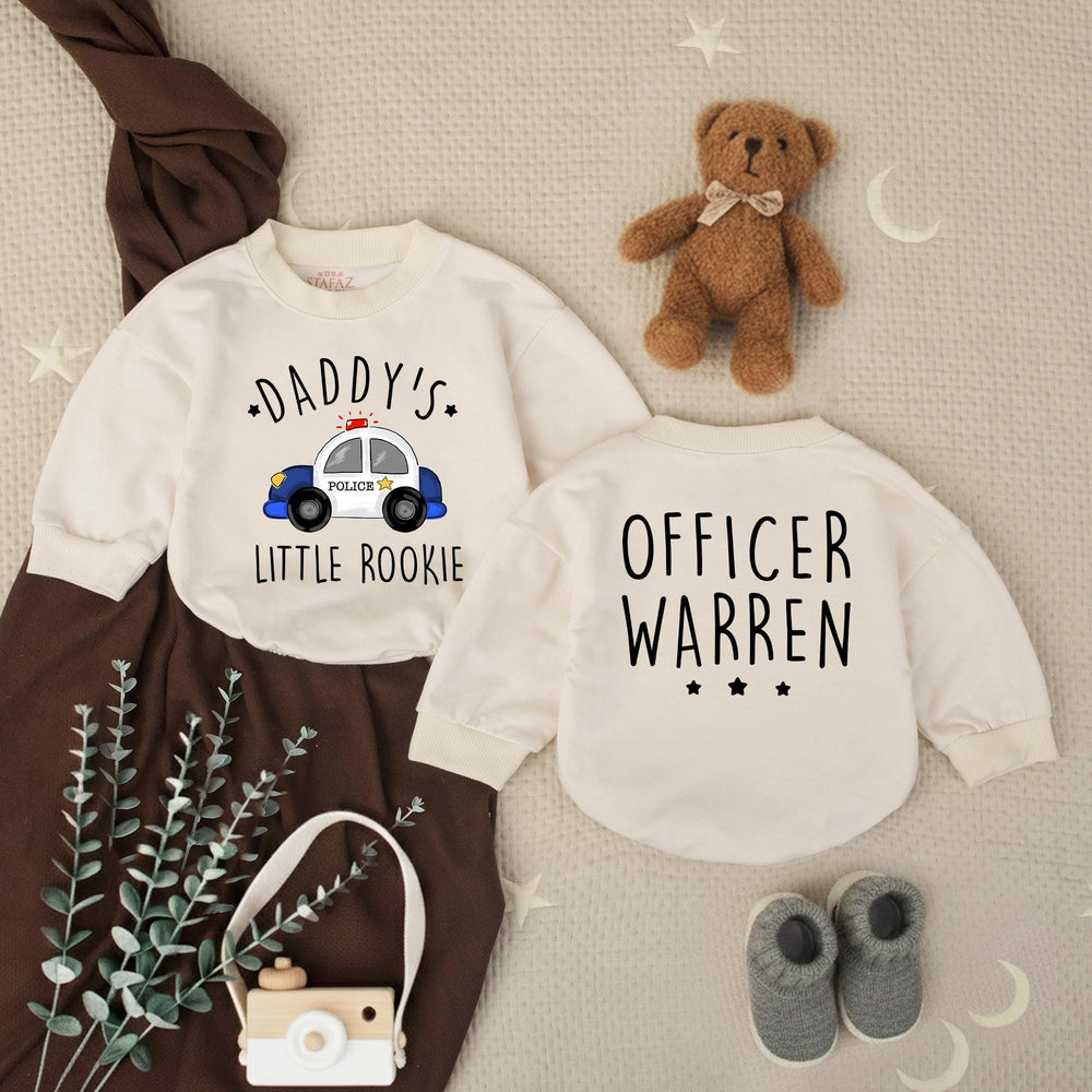 Personalized Daddy's Little Rookie Baby Romper with Police Car Design, Custom Officer Name, Police Dad Baby Shower Gift or Pregnancy Reveal