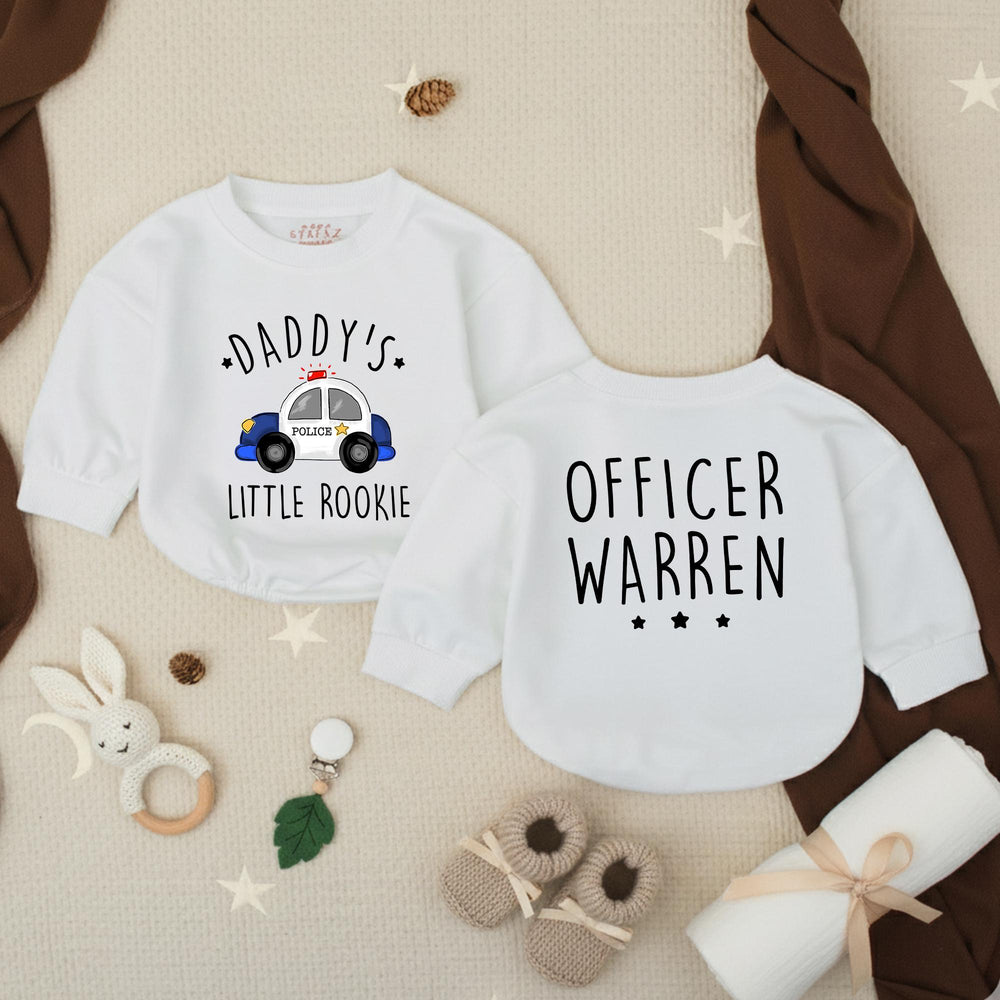 Personalized Daddy's Little Rookie Baby Romper with Police Car Design, Custom Officer Name, Police Dad Baby Shower Gift or Pregnancy Reveal