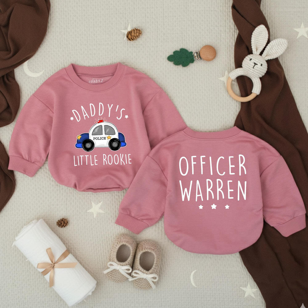 Personalized Daddy's Little Rookie Baby Romper with Police Car Design, Custom Officer Name, Police Dad Baby Shower Gift or Pregnancy Reveal