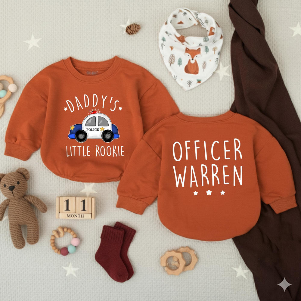 Personalized Daddy's Little Rookie Baby Romper with Police Car Design, Custom Officer Name, Police Dad Baby Shower Gift or Pregnancy Reveal