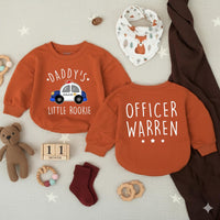 Personalized Daddy's Little Rookie Baby Romper with Police Car Design, Custom Officer Name, Police Dad Baby Shower Gift or Pregnancy Reveal