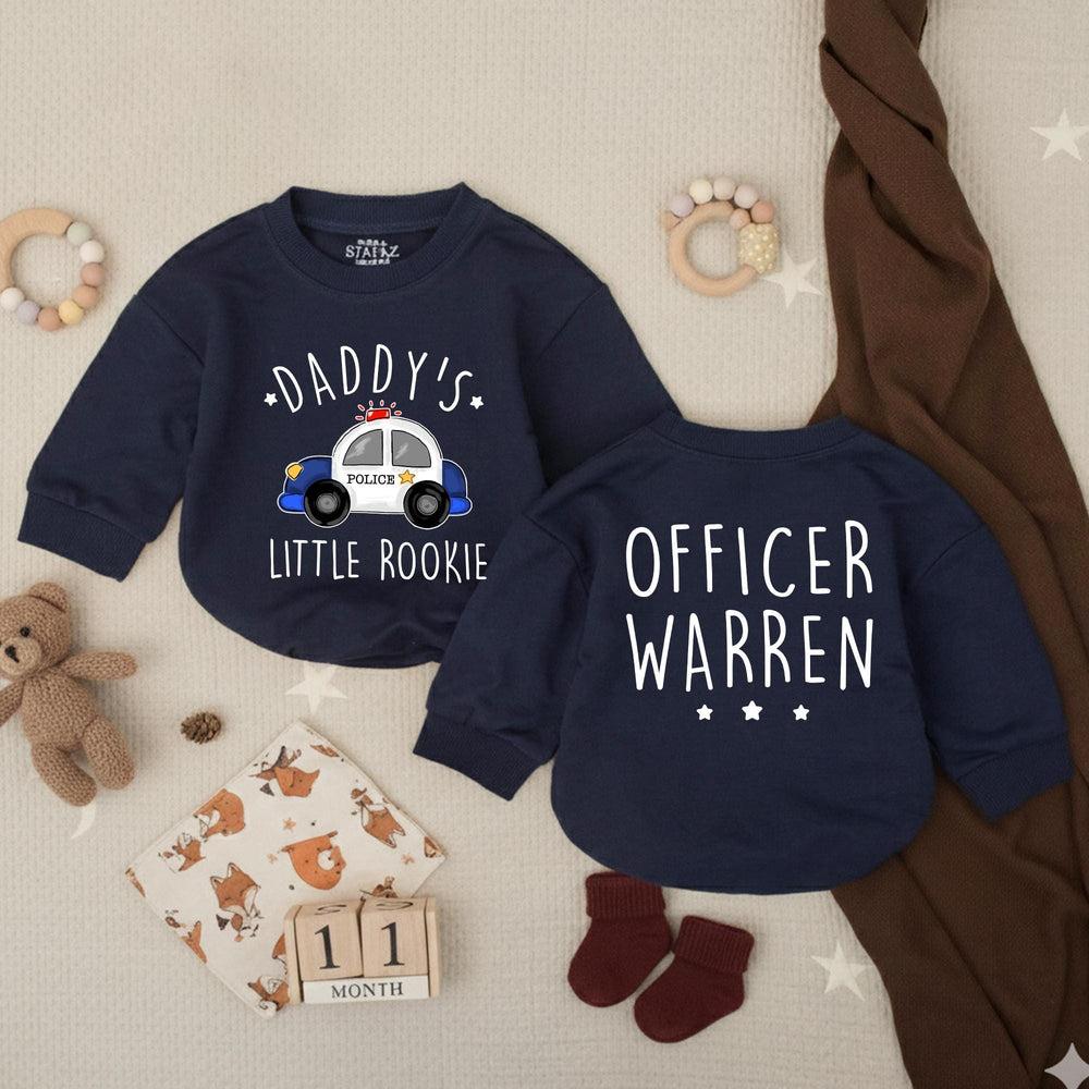 Personalized Daddy's Little Rookie Baby Romper with Police Car Design, Custom Officer Name, Police Dad Baby Shower Gift or Pregnancy Reveal