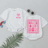 Personalized Dad's Best Bud Baby Romper Bella Name Pink Retro Design Father's Day Gift for Infant Girl Cute Heart Flower Style