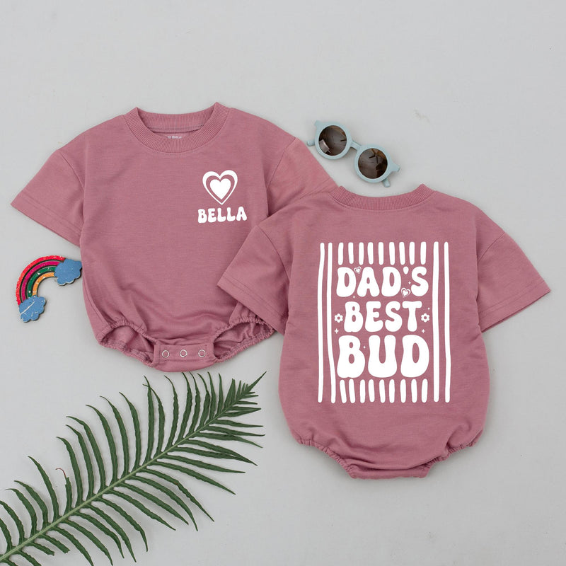Personalized Dad's Best Bud Baby Romper Bella Name Pink Retro Design Father's Day Gift for Infant Girl Cute Heart Flower Style