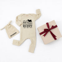 Personalized Dad's Cattle Checkin' Buddy Baby Bodysuit with Calf Graphic Farm-Themed Outfit Custom Name Hat Rustic Western Baby Gift