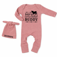 Personalized Dad's Cattle Checkin' Buddy Baby Bodysuit with Calf Graphic Farm-Themed Outfit Custom Name Hat Rustic Western Baby Gift