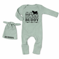 Personalized Dad's Cattle Checkin' Buddy Baby Bodysuit with Calf Graphic Farm-Themed Outfit Custom Name Hat Rustic Western Baby Gift
