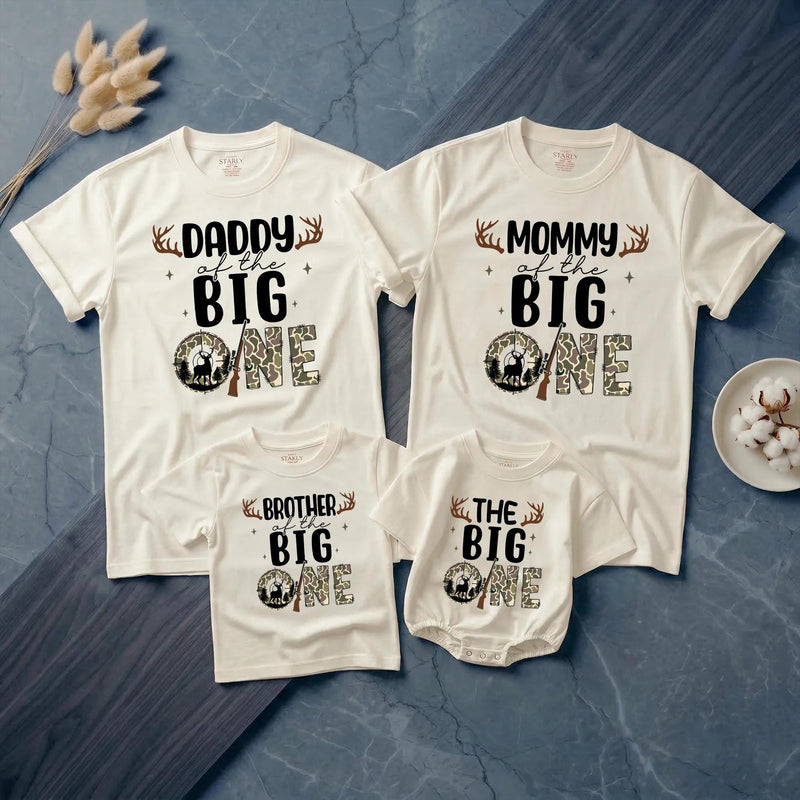 Personalized Deer Hunting 1st Birthday Outfit for Baby Boy and Matching Family Shirts, Soft Cotton Romper and Tees for Milestone Photos