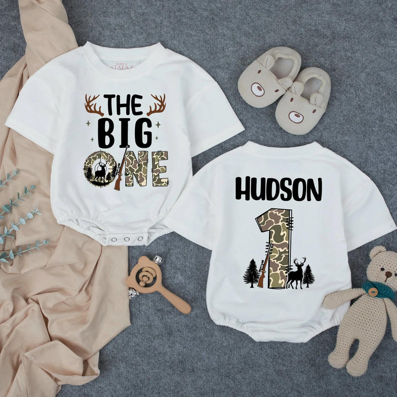Personalized Deer Hunting 1st Birthday Outfit for Baby Boy and Matching Family Shirts, Soft Cotton Romper and Tees for Milestone Photos