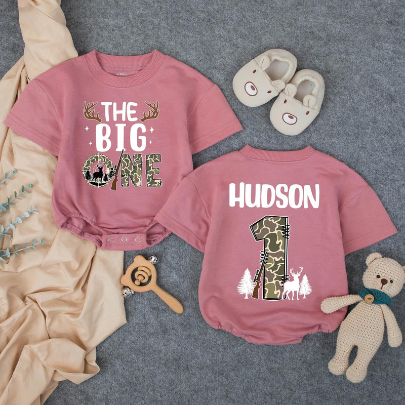 Personalized Deer Hunting 1st Birthday Outfit for Baby Boy and Matching Family Shirts, Soft Cotton Romper and Tees for Milestone Photos