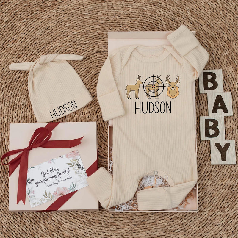 Personalized Deer Target Baby Bodysuit Cozy Hunting Theme Newborn Outfit Brown Beige Gift for Baby Shower or Baby Boy Clothes