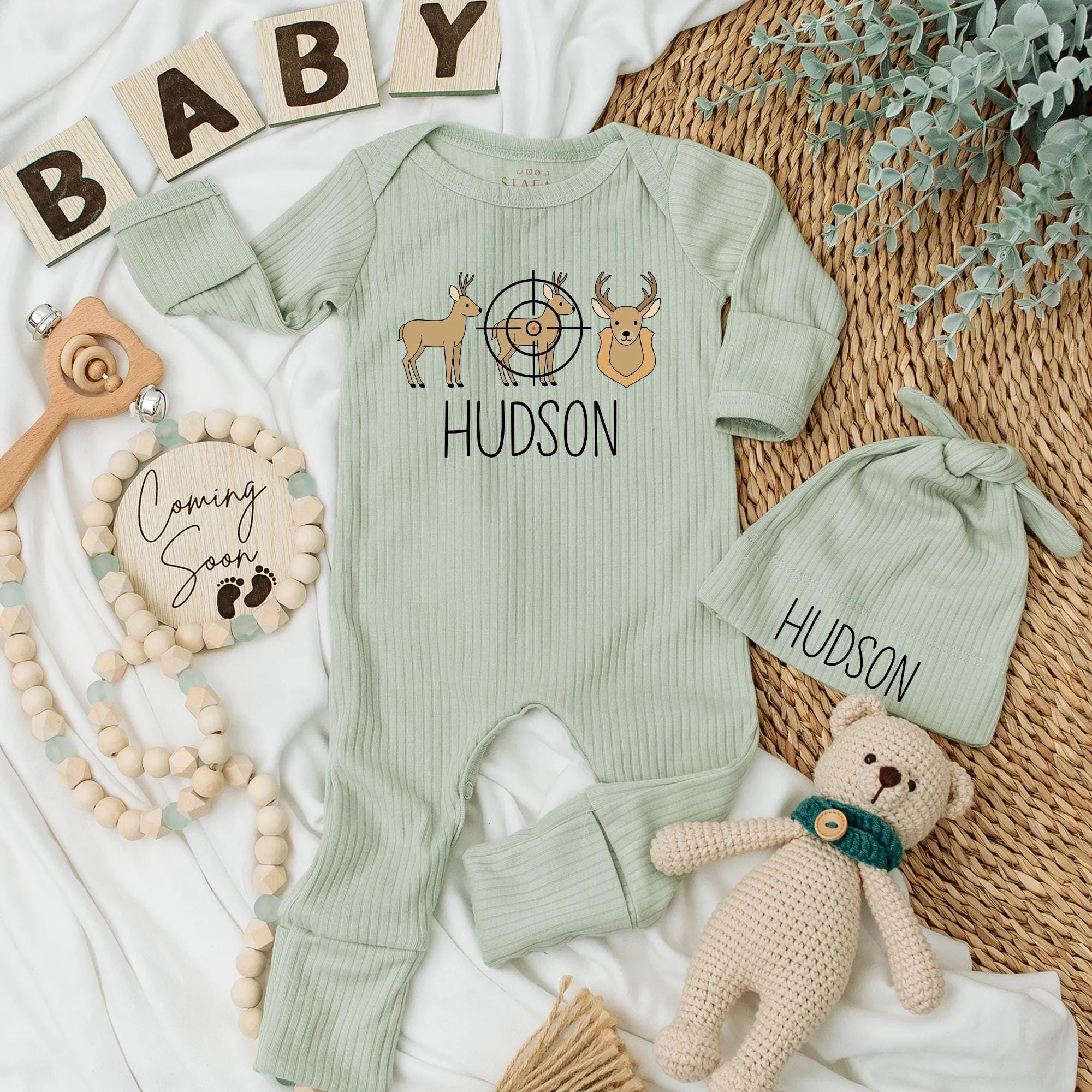 Personalized Deer Target Baby Bodysuit Cozy Hunting Theme Newborn Outfit Brown Beige Gift for Baby Shower or Baby Boy Clothes