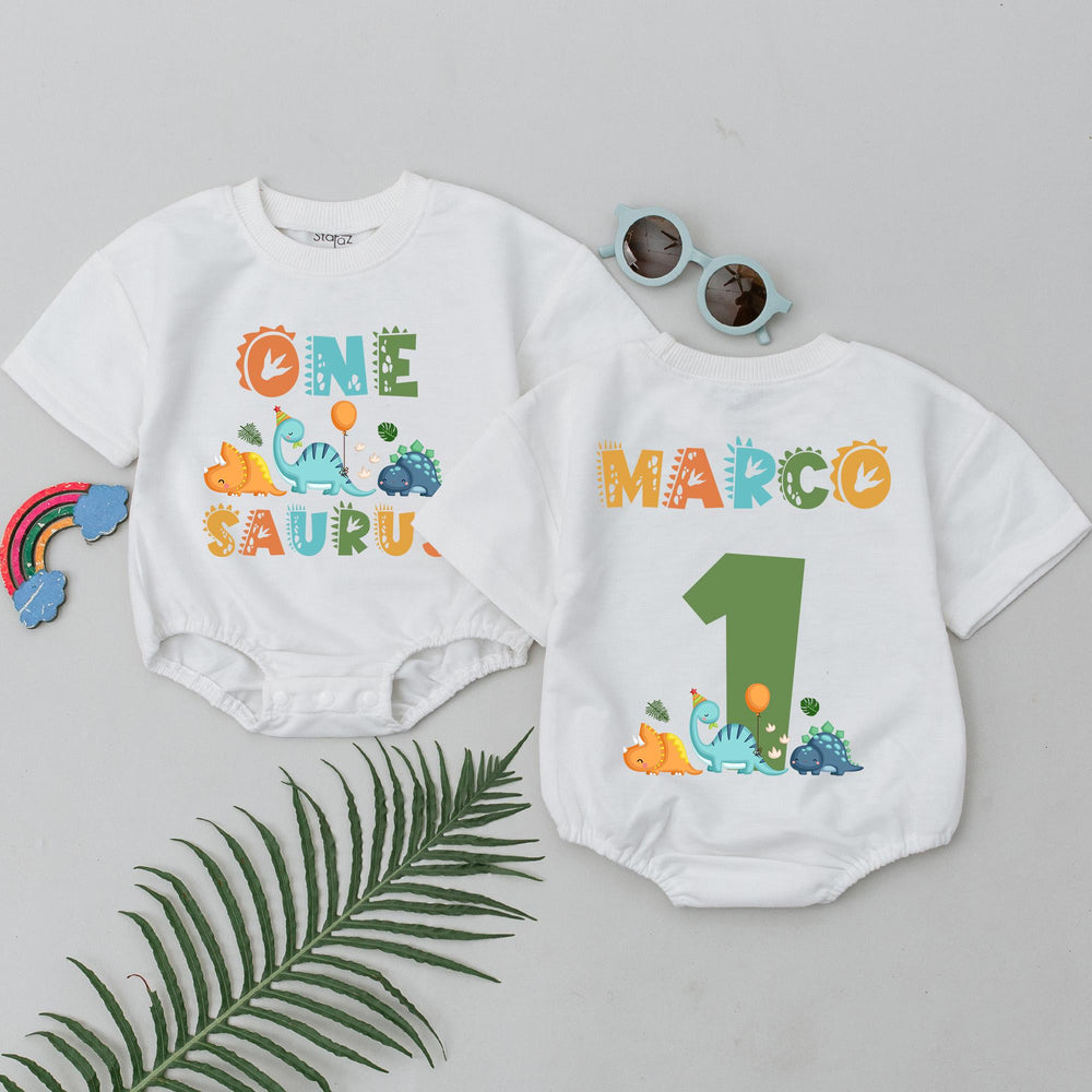 Personalized Dinosaur 1st Birthday Romper for Baby Boys or Girls, Custom Name Outfit with Cute Cartoon Dino Design, Soft Cotton Party Wear