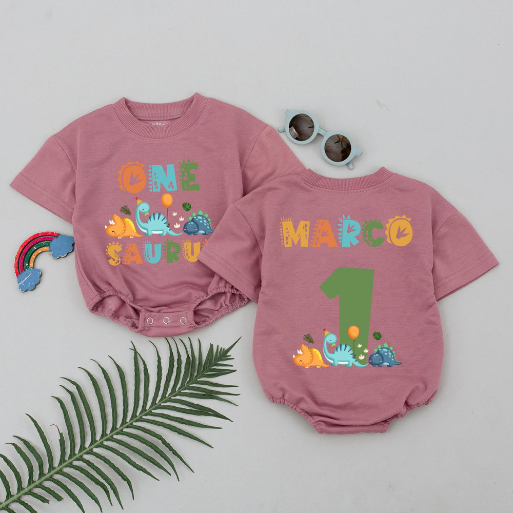 Personalized Dinosaur 1st Birthday Romper for Baby Boys or Girls, Custom Name Outfit with Cute Cartoon Dino Design, Soft Cotton Party Wear