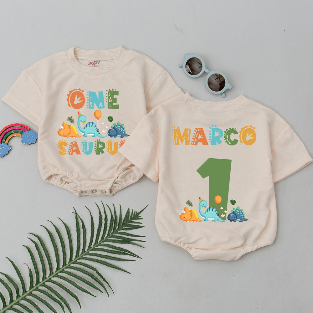 Personalized Dinosaur 1st Birthday Romper for Baby Boys or Girls, Custom Name Outfit with Cute Cartoon Dino Design, Soft Cotton Party Wear