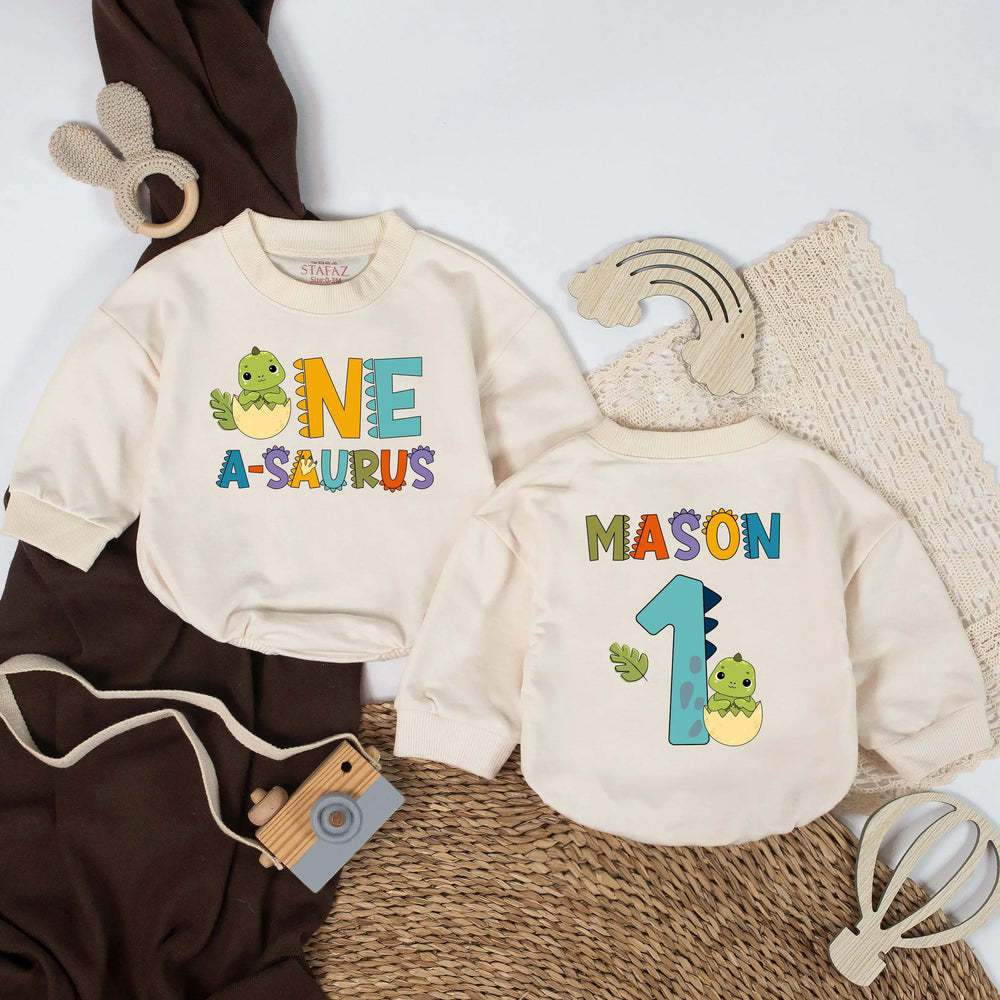 Personalized Dinosaur 1st Birthday Romper with Name, One A Saurus Baby Bodysuit for Boys, Cute Green Dino First Birthday Party Outfit