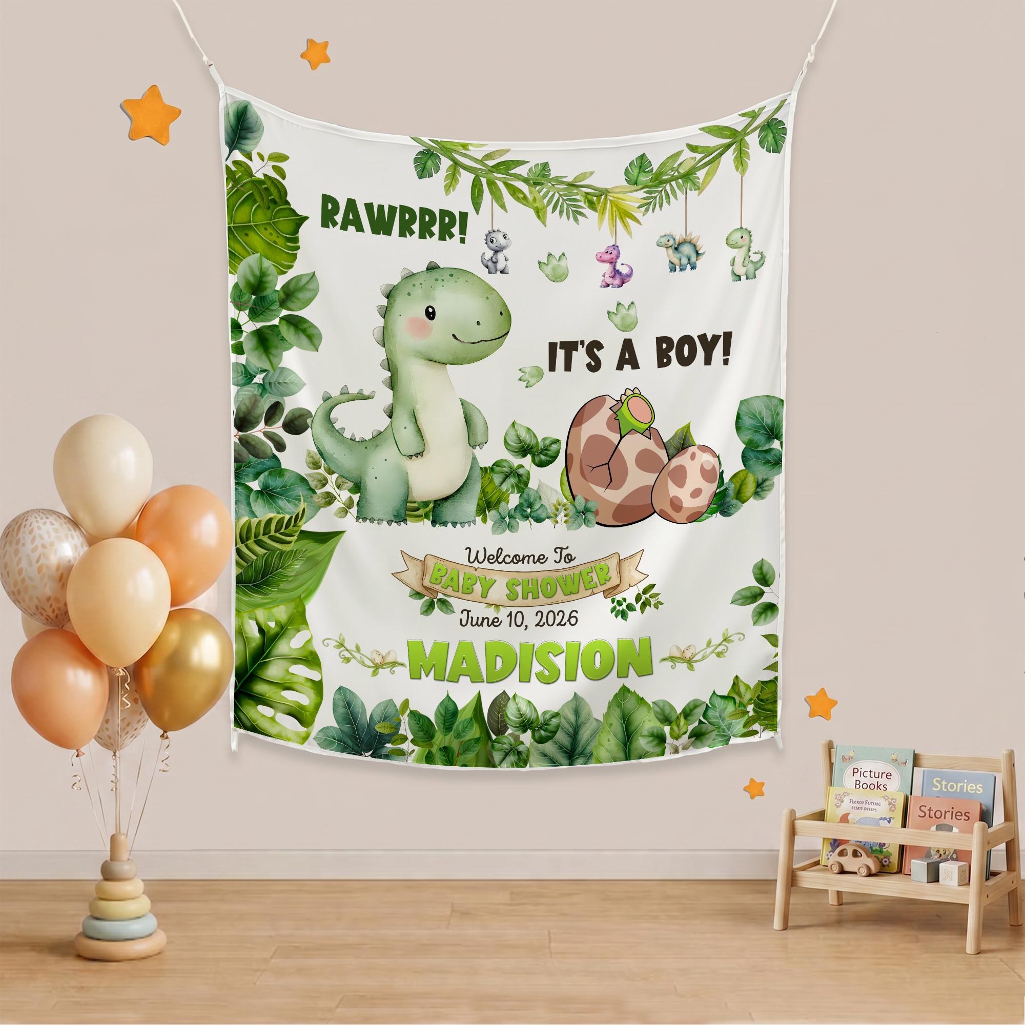 Personalized Dinosaur Baby Shower Banner with Name and Date Watercolor Jungle Safari Backdrop Cute Dino Eggs Party Decor