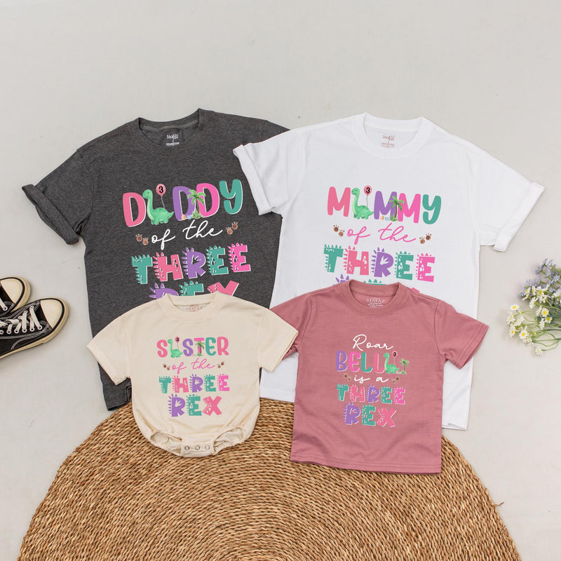 Personalized Dinosaur Birthday Shirt for Kids and Adults with Three Rex Design, 3rd Birthday Outfit Featuring Cute Dino and Tropical Colors