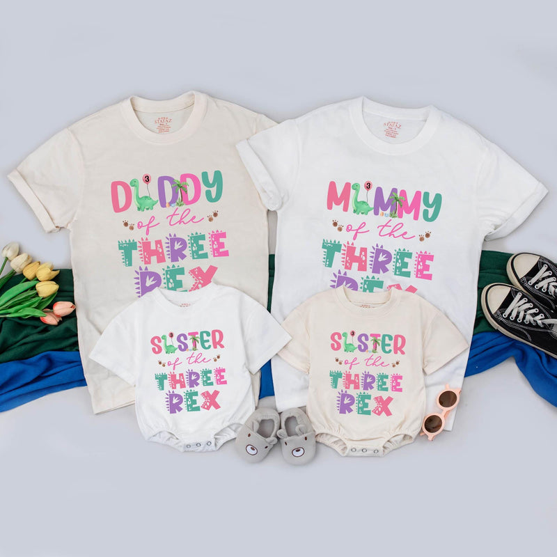 Personalized Dinosaur Birthday Shirt for Kids and Adults with Three Rex Design, 3rd Birthday Outfit Featuring Cute Dino and Tropical Colors