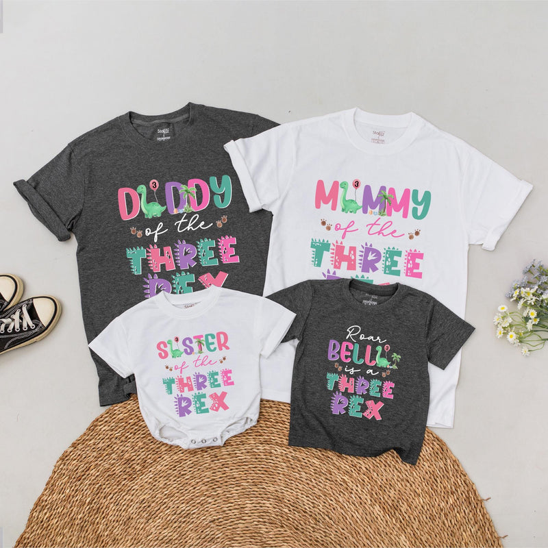 Personalized Dinosaur Birthday Shirt for Kids and Adults with Three Rex Design, 3rd Birthday Outfit Featuring Cute Dino and Tropical Colors