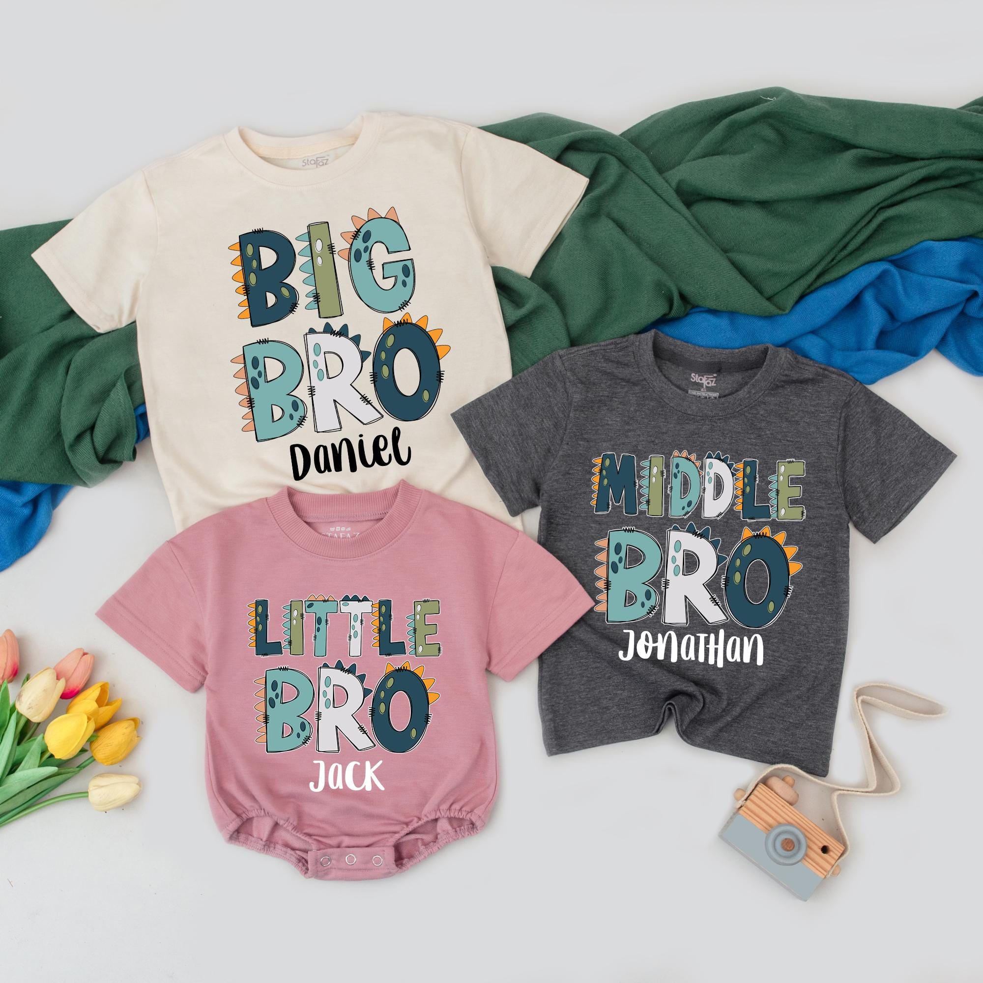 Personalized Dinosaur Brother Shirts Big Bro Middle Little Custom Names Fun Kids Gift Matching Sibling Outfit Cotton Comfortable Birthday