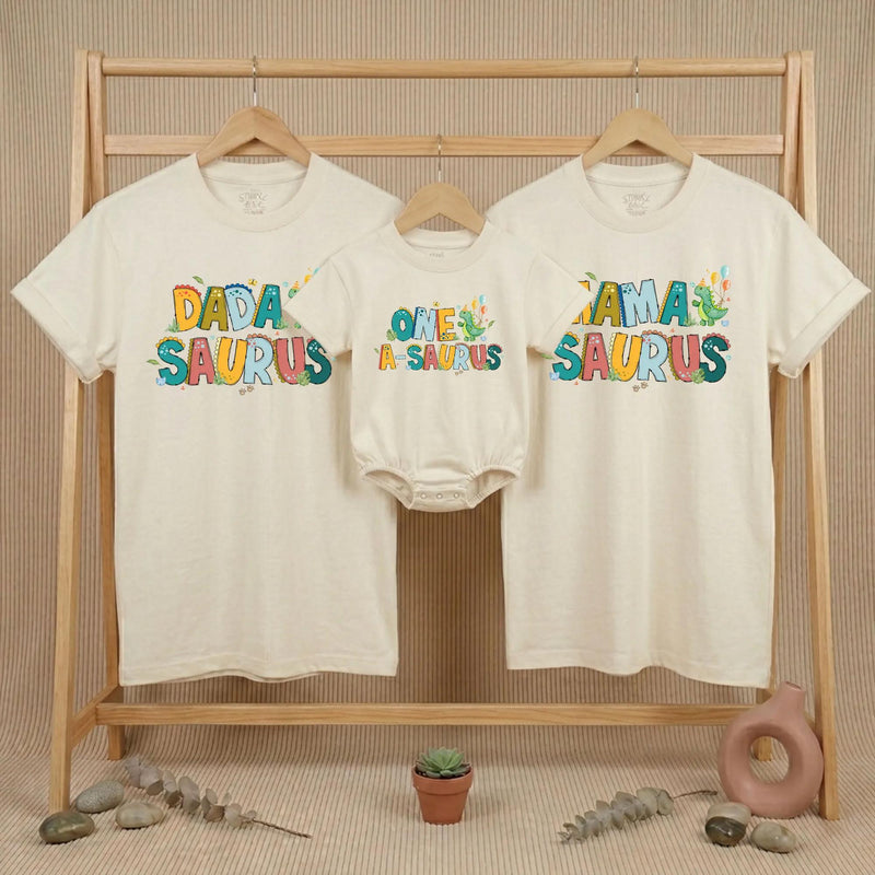 Personalized Dinosaur Family Birthday Shirts with One-A-Saurus Design, Custom Name Tees for Baby Boy 1st Birthday Party Outfit Gift