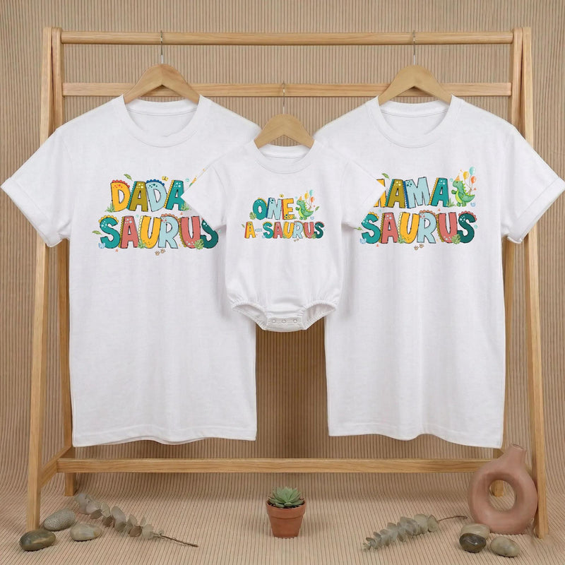 Personalized Dinosaur Family Birthday Shirts with One-A-Saurus Design, Custom Name Tees for Baby Boy 1st Birthday Party Outfit Gift