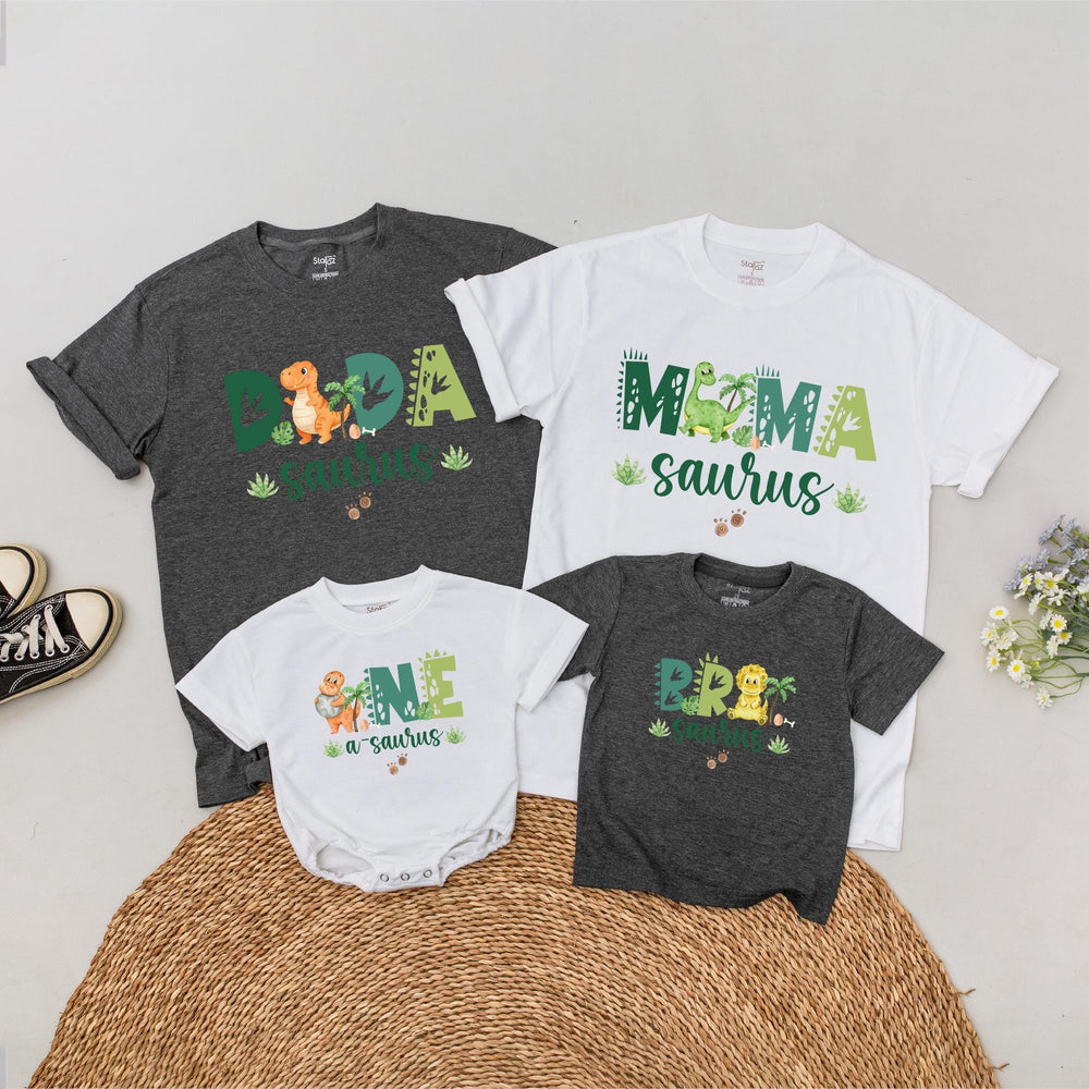 Personalized Dinosaur Family Shirts for MommySaurus, DadaSaurus, and Baby's First Birthday, Soft Cotton Matching Tees for Kids and Adults Gift