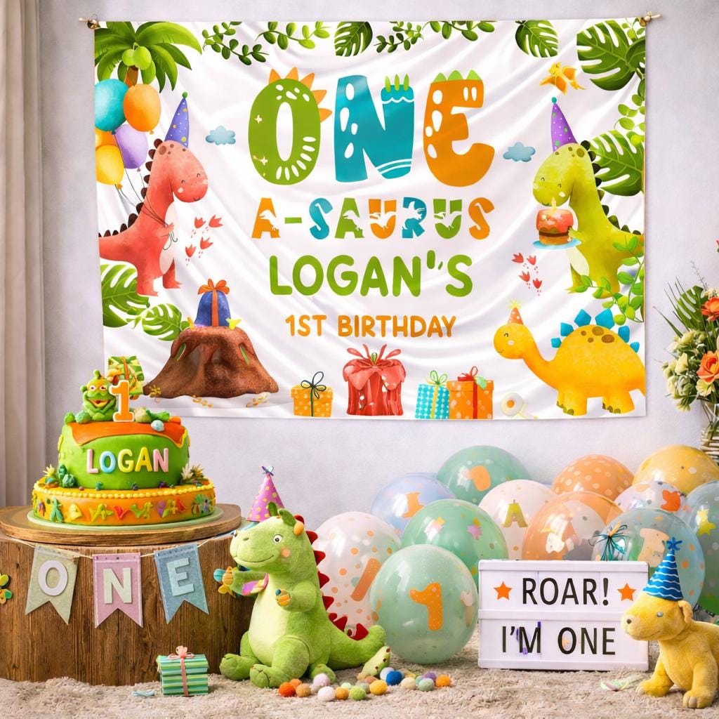 Personalized Dinosaur First Birthday Banner with Name Logan, Dino Party Decor for Baby or Toddler Celebration, Colorful Jungle Theme