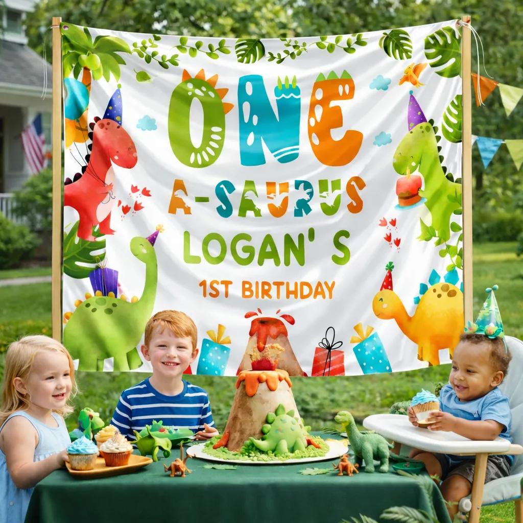 Personalized Dinosaur First Birthday Banner with Name Logan, Dino Party Decor for Baby or Toddler Celebration, Colorful Jungle Theme