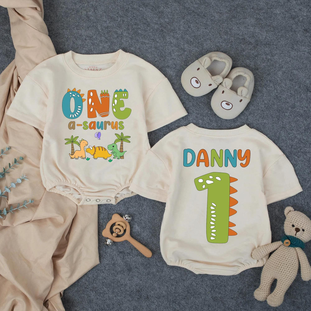 Personalized Dinosaur First Birthday Outfit for Boy with Custom Name, Whimsical Dino Graphics, Soft Cotton Bubble Romper for Party Fun