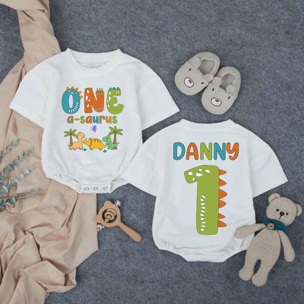 Personalized Dinosaur First Birthday Outfit for Boy with Custom Name, Whimsical Dino Graphics, Soft Cotton Bubble Romper for Party Fun