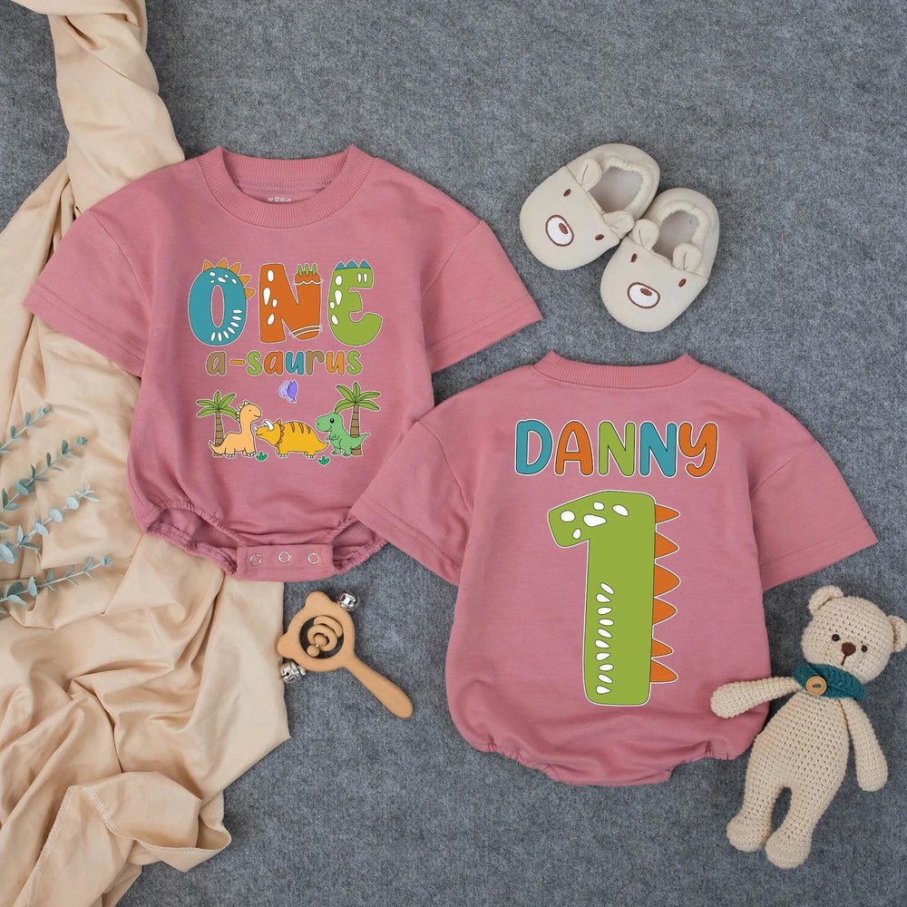 Personalized Dinosaur First Birthday Outfit for Boy with Custom Name, Whimsical Dino Graphics, Soft Cotton Bubble Romper for Party Fun