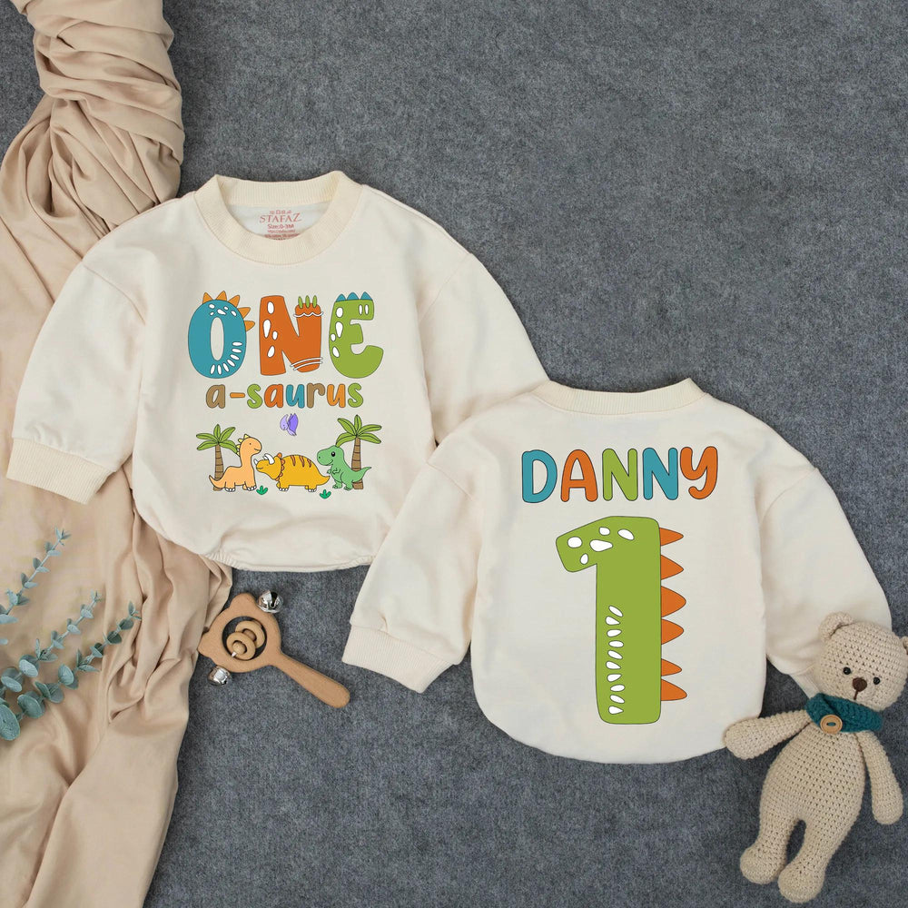 Personalized Dinosaur First Birthday Outfit for Boy with Custom Name, Whimsical Dino Graphics, Soft Cotton Bubble Romper for Party Fun