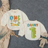 Personalized Dinosaur First Birthday Outfit for Boy with Custom Name, Whimsical Dino Graphics, Soft Cotton Bubble Romper for Party Fun