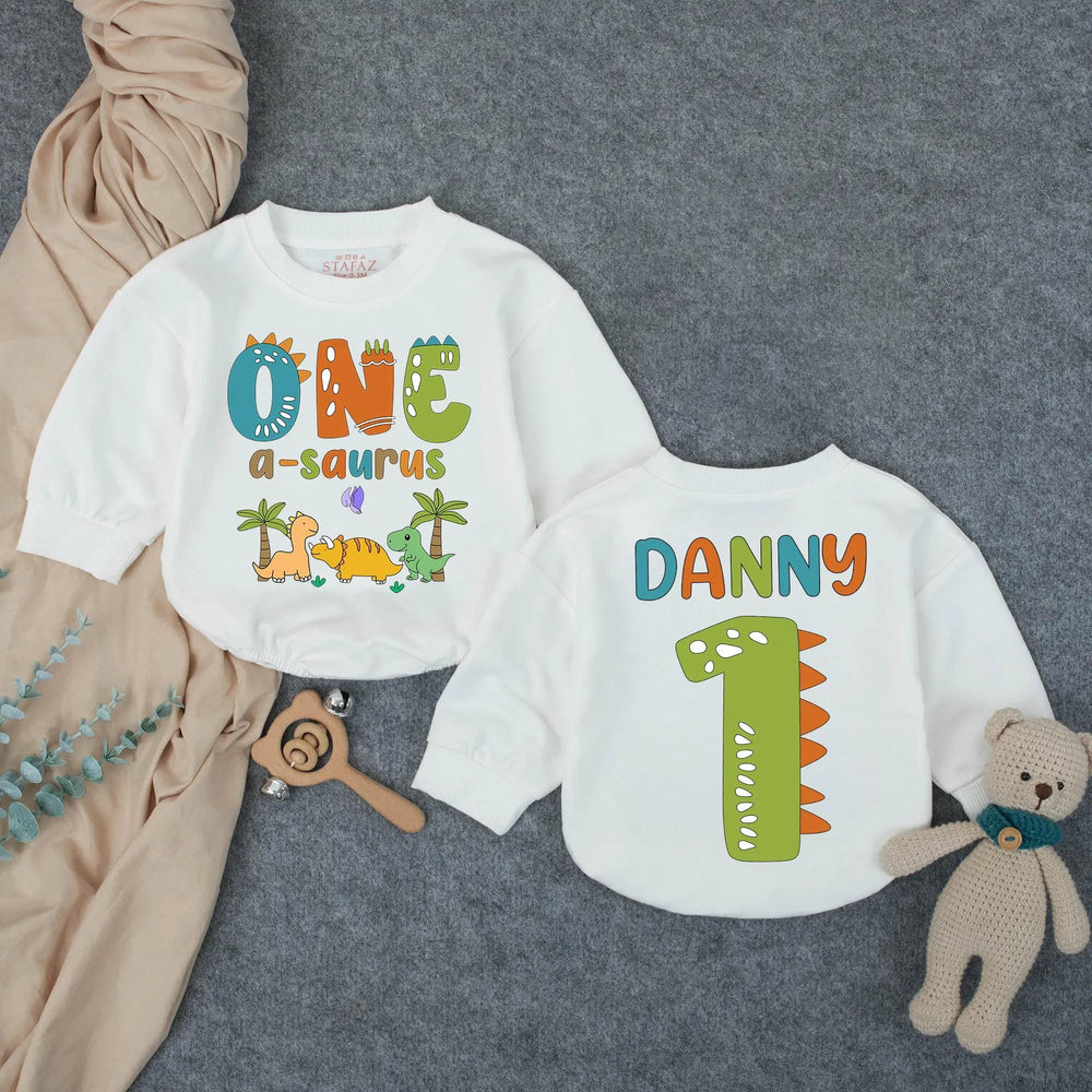 Personalized Dinosaur First Birthday Outfit for Boy with Custom Name, Whimsical Dino Graphics, Soft Cotton Bubble Romper for Party Fun