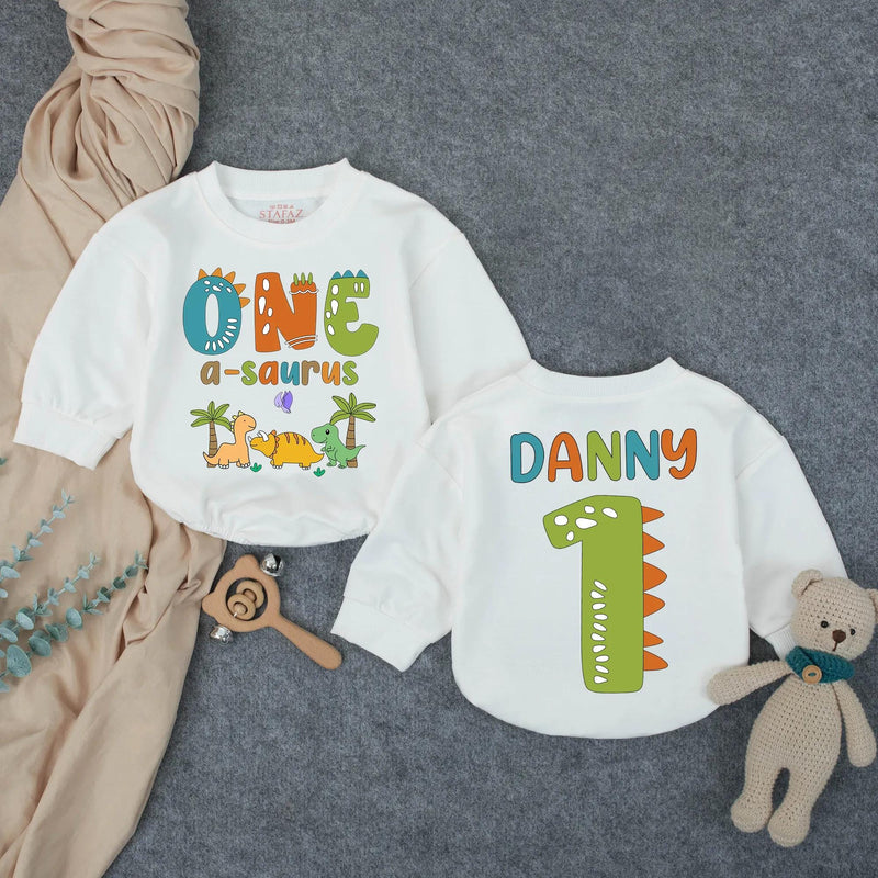 Personalized Dinosaur First Birthday Outfit for Boy with Custom Name, Whimsical Dino Graphics, Soft Cotton Bubble Romper for Party Fun