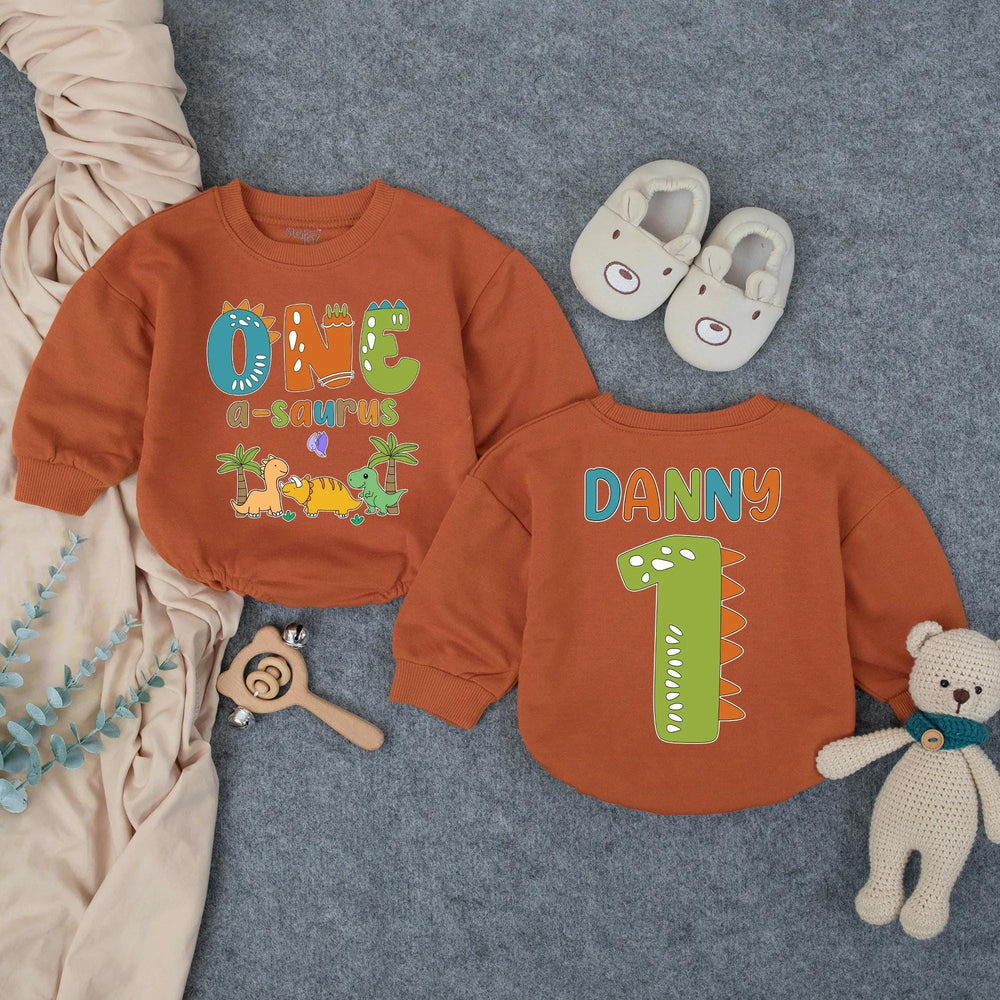 Personalized Dinosaur First Birthday Outfit for Boy with Custom Name, Whimsical Dino Graphics, Soft Cotton Bubble Romper for Party Fun