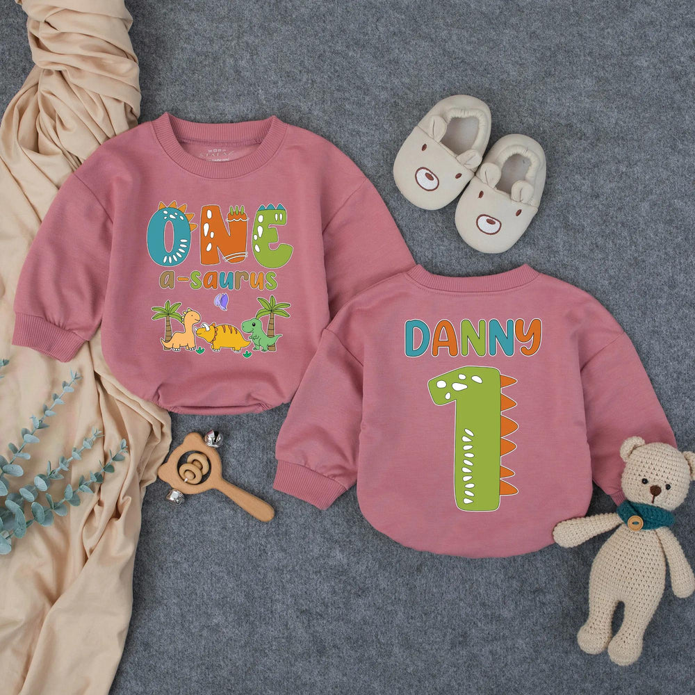Personalized Dinosaur First Birthday Outfit for Boy with Custom Name, Whimsical Dino Graphics, Soft Cotton Bubble Romper for Party Fun