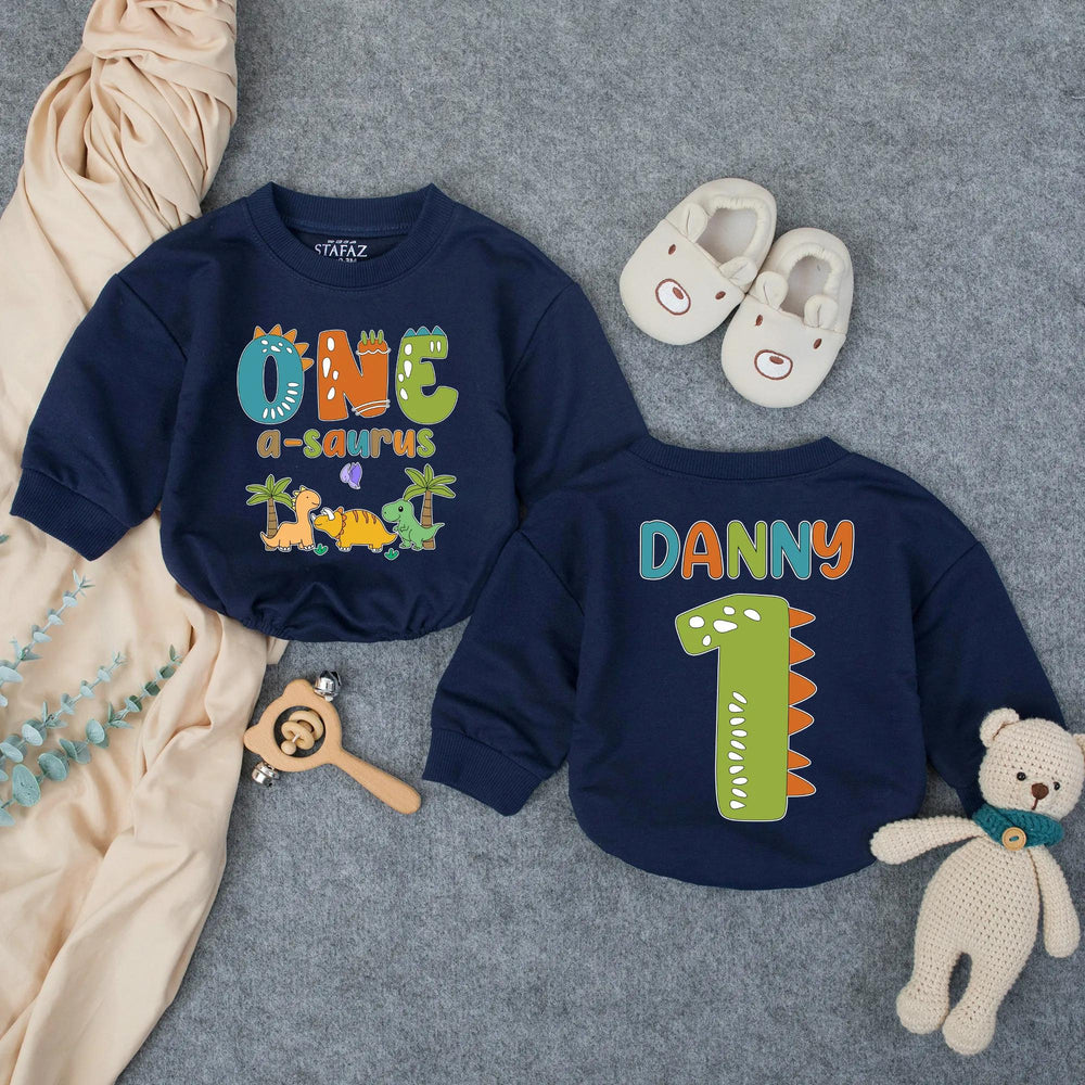 Personalized Dinosaur First Birthday Outfit for Boy with Custom Name, Whimsical Dino Graphics, Soft Cotton Bubble Romper for Party Fun